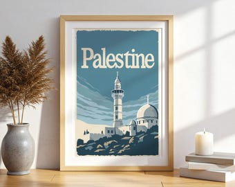 May include: Framed art print featuring a vintage travel poster design. The poster displays the word "Palestine" in large white letters above a detailed illustration of a mosque and minaret against a blue sky. The artwork is framed in a light wood.