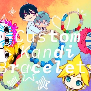 May include: Custom kandi bracelets with colorful beads and letters spelling out "Custom Kandi Bracelets".
