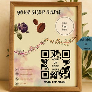 Modelo de menu de código QR editável para café floral boho, placa de cafeteria em aquarela, escaneie para visualizar para impressão, modelo de menu de código QR editável do Canva