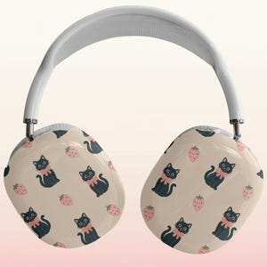 Housse pour AirPods Max motif chat noir et fraises, fond crème kawaii mignon, peau de protection pour casque, cadeau pour amoureux des chats avec noeud rose