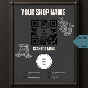 Modelo de cardápio de código QR editável para cafeteria, escaneie para visualizar em estilo loft industrial, cardápio de QR para cafeteria para impressão, modelo de código QR editável para Canva