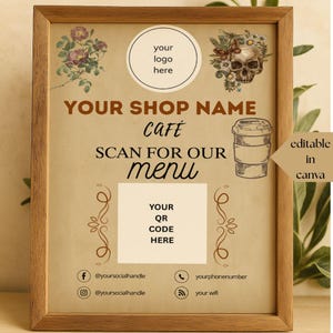 Modelo de menu de código QR de café vintage editável, placa de menu de cafeteria rústica digitalize para visualizar, placa de café para impressão, modelo de código QR editável Canva