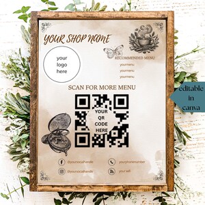 Modelo de menu de código QR editável para café vintage Boho, modelo de cafeteria para impressão com digitalização para visualização, modelo de menu de código QR editável para Canva