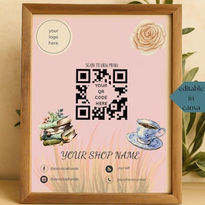 Cottagecore Café QR-Code-Menüschild-Vorlage, bearbeitbares Canva-Schild, Soft Vintage Pink Scan, um das druckbare Menü anzuzeigen, Tea Shop QR-Display