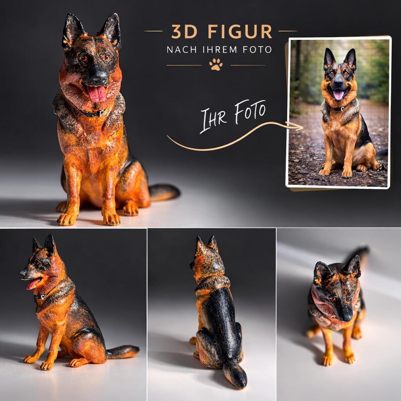 Może przedstawiać: Figurka 3D owczarka niemieckiego, w kolorach czarnym i brązowym. Pies jest przedstawiony w pozycji siedzącej z wystawionym językiem. Obraz zawiera tekst "3D FIGUR" i "IHR FOTO".