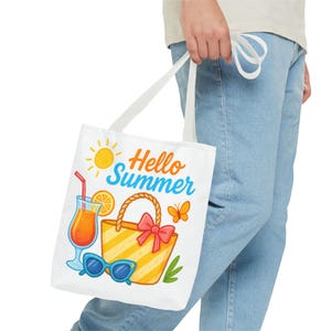 Hello Summer-draagtas Leuk zomercadeau voor vrouwen, kleurrijke vakantietas, leuke strandaccessoires, reistas met drankje en zonnebril