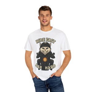 Ride Fast Nap Hard Cat Shirt  Funny Biker Cat T-Shirt, Comfort Colors 1717, Gift for Cat Dads, Motorcycle Lovers, Unisex Tee
