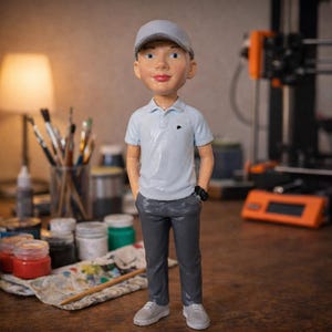 Könnte beinhalten: Bemalte Figur einer Person, die ein hellblaues Poloshirt, eine graue Hose und eine graue Baseballkappe trägt. Die Figur hat die Hände in den Taschen und trägt graue Turnschuhe. Eine schwarze Uhr befindet sich am linken Handgelenk.