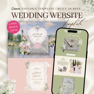 May include: A wedding website template with a soft, romantic aesthetic. The design includes a save-the-date card, invitation, and a mobile phone mockup displaying the website layout. The text includes "Wedding Website Template" and "Save the date".