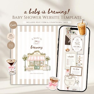 Baby Is Brewing Baby Shower Invitation Website | Coquette Latte Brown Coffee Baby Shower | RSVP, Countdown | Canva Invite Digital Template