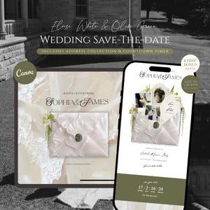 Eloise: Wedding Save The Date Website Template | Old Money Olive Green & Ivory White Canva Digital Wedding Invitation (RSVP + Countdown)