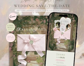 Peut inclure: Un modèle numérique de faire-part de mariage avec une enveloppe rose pâle ornée d'un ruban et d'un sceau de cire. Le design affiche le texte Daphne: The Fairytale Garden, Wedding Save-The-Date et Sophia & James sur un écran de smartphone.