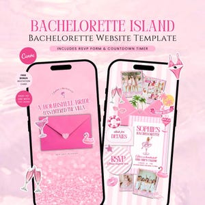 Op de afbeelding: Een digitale website-sjabloon voor een vrijgezellenfeest weergegeven op twee smartphoneschermen. Het ontwerp heeft een roze kleurenpalet met afbeeldingen van enveloppen, flamingo's, cocktails en palmbomen. De tekst bevat BACHELORETTE ISLAND en A BOMBSHELL BRIDE HAS ENTERED THE VILLA.