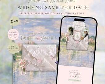 Peut inclure: Un modèle numérique de faire-part de mariage avec un smartphone affichant un compte à rebours et une enveloppe. Le design inclut le texte Francesca: The Riverside Reverie, Wedding Save-The-Date, et Sophia & James.