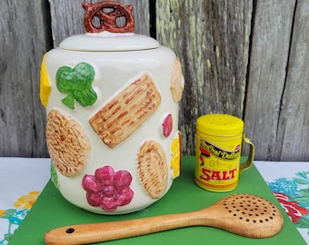 Vintage Cookies All Over Rare Pretzel Pottery Canister Cookie Jar Kitchen Decor - HettyJoVintageWV