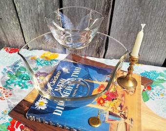 Vintage Retro Indiana Glass Tri-Top Gold Brass MCM Chip & Dip Set Kitchen Decor - HettyJoVintageWV