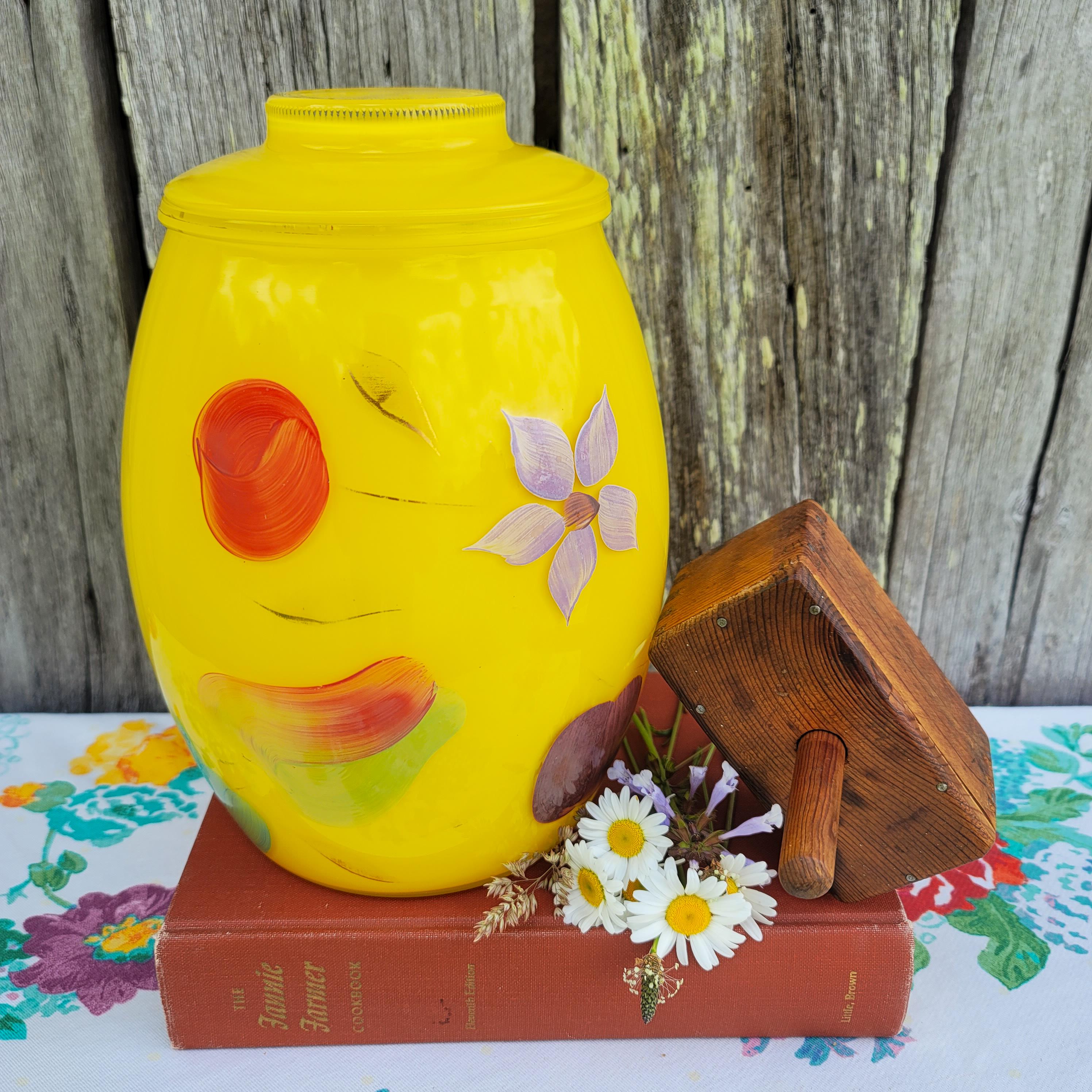 Vintage Yellow Hand Painted Bartlett Collins Floral Fruit MCM Glass Canister Cookie Jar Kitchen Decor - HettyJoVintageWV