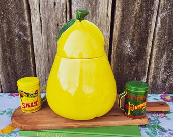 Vintage Yellow Pear w/ Green Stem Pottery Canister Cookie Jar Kitchen Decor - HettyJoVintageWV