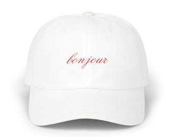 bonjour Hat, Minimalist Embroidered Baseball Cap, French-Inspired Cotton Dad Hat, Adjustable Aesthetic Hat, Cute Everyday Accessory