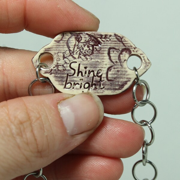 Mantra bracelet Shine bright Quote jewelry Purple Cherry blossom stamping