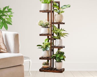 6-Tier Pine Wood Plant Stand: Tall Ladder Shelf for Indoor & Outdoor