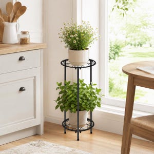 May include: A two-tiered black metal plant stand with decorative scrollwork. The stand holds two potted plants, one with white flowers and the other with green foliage. The stand is placed near a window in a bright room.