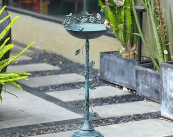 Antique Blue Iron Bird Bath: Vintage Garden Decor, 27" Tall