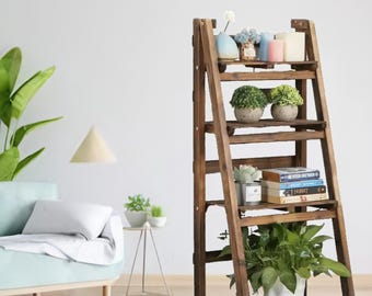 Rustic 4-Tier Wooden Ladder Shelf: Folding Plant Stand & Book Rack