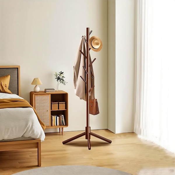 Rustic Wooden Coat Rack: Freestanding Entryway Tree with 8 Hooks