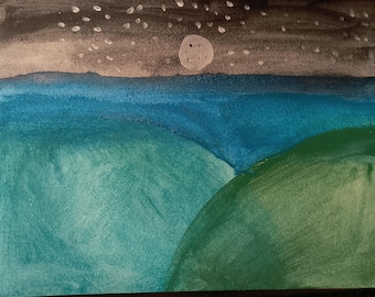 Original handmade watercolor painting of hills and a night sky