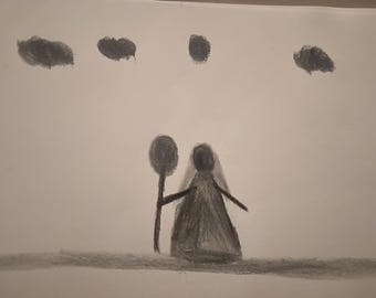 Outsider art little girl with lollipop and clouds during summer