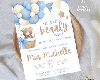 Faire-part de baby shower ours – Modèle de toile modifiable (téléchargement numérique)