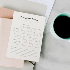 May include: A 7-Day Mood Tracker on a white paper, with a grid for daily entries and prompts. The text reads "Happy", "Content", "Meh", "Sad", "Stuck", and "Tired". A light blue mug filled with black coffee is on the right.