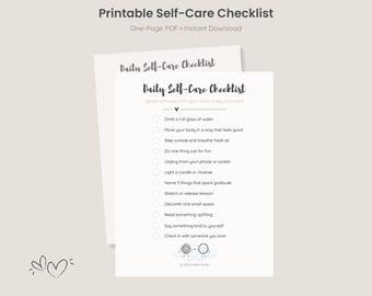 May include: Printable self-care checklist with a list of activities to do for your mental and physical well-being. The checklist includes items like drinking water, moving your body, taking a break from screens, and practicing gratitude.