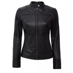 Blouson motard noir pour femme en cuir véritable | Coupe slim style moto avec poche zippée | Veste en cuir véritable pour femme | Veste en cuir femme