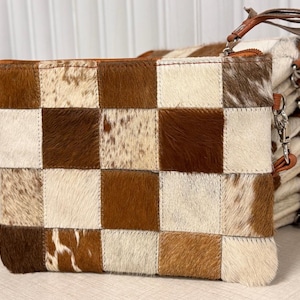 Cartera de mano de piel de vaca hecha a mano / Monedero de patchwork de piel de pelo auténtico / Cartera de piel marrón y negra estilo western / Bolso de mano de piel de vaca para mujer
