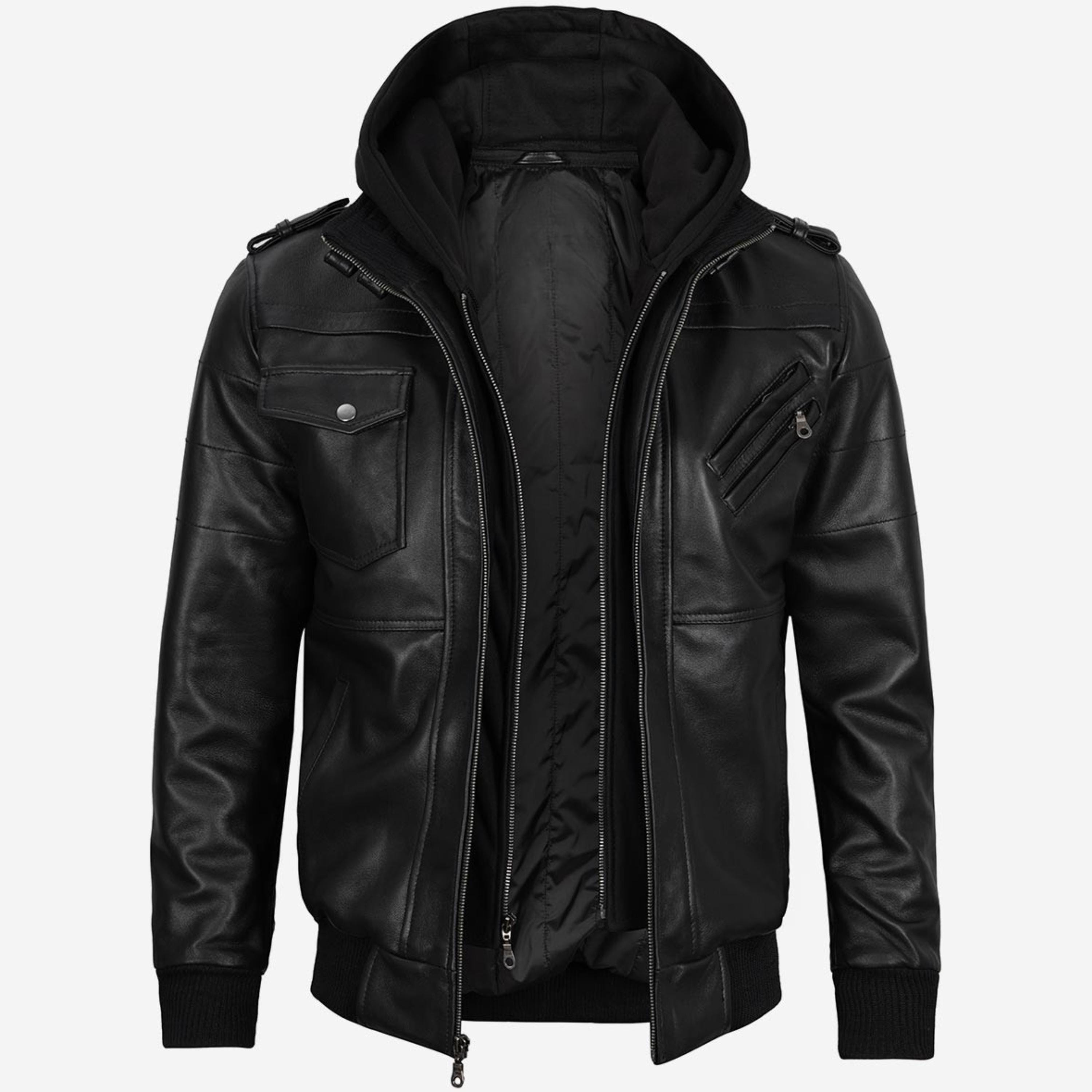 Men's Black Leather Bomber Jacket: Detachable Hood, Quilted