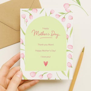 Aangepaste Moederdagkaart | Aquarel bloemenkaart | Roze tulpen Moederdag afdrukbaar | 1 uur aanpassen en downloaden | Blanco binnenkant