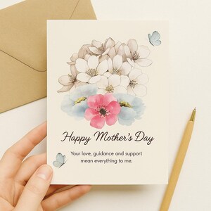 Aangepaste Moederdagkaart | Elegante aquarelbloemen en vlinders |  Afdrukbare Moederdagkaart| Blanco binnenkant