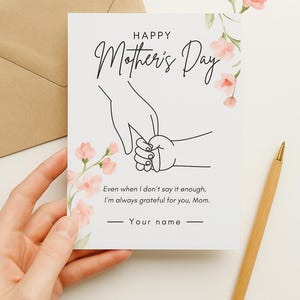 Aangepaste Moederdagkaart | Minimalistische lijntekeningen | Gepersonaliseerde Moederdag afdrukbaar |  Bloemenkaart voor moeder | Blanco binnenkant