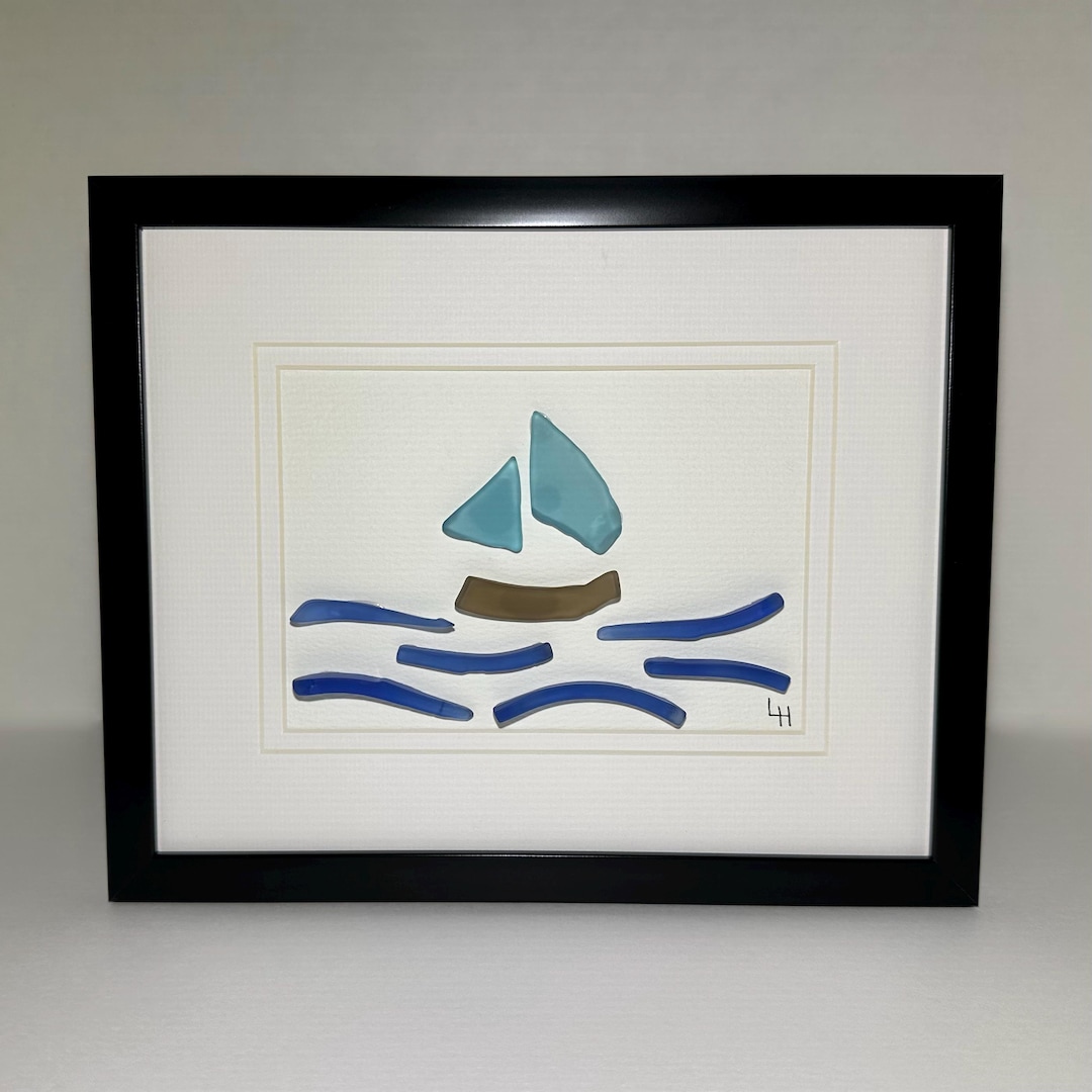 Sea Glass Art | Coastal Decor | Blue Sail Boat - Etsy