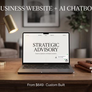 Könnte beinhalten: Ein Laptop zeigt "STRATEGIC ADVISORY" und "Empowering organizations with foresight and precision." Eine goldene Schreibtischlampe und Notizbücher mit einem Stift liegen auf einem Holztisch. Das Bild enthält auch den Text "BUSINESS WEBSITE + AI CHATBOT."