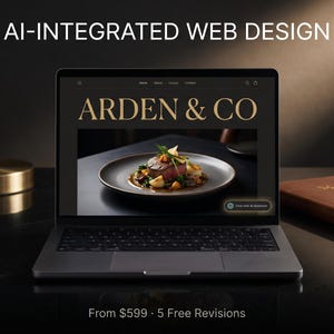 Peut inclure: Un ordinateur portable affiche une conception de site web avec le texte "ARDEN & CO" en lettres dorées. L'écran montre une assiette de nourriture. Le texte "AI-INTEGRATED WEB DESIGN" est en haut. Un carnet marron et une lampe dorée sont également visibles.