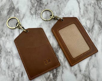 Tarjetero de piel Crazy Horse con llavero - Etiqueta de nombre personalizada, tarjetero marrón