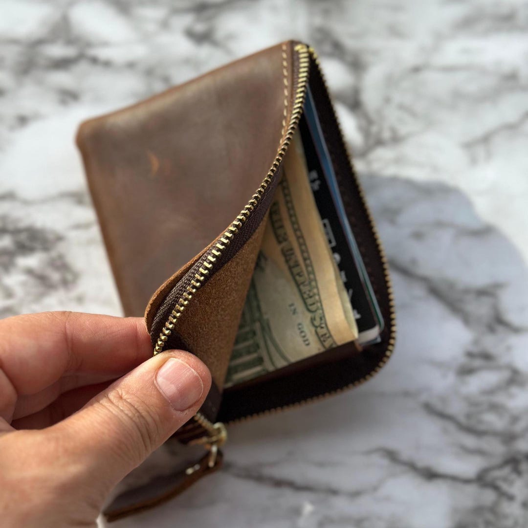 Crazy Horse Leather Zip Wallet: Rustic Monogrammed Card Holder