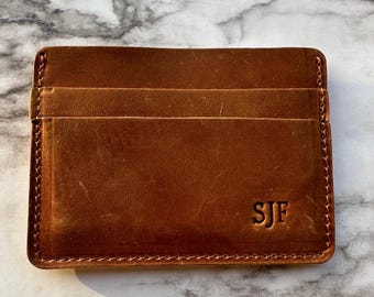 Personalized Crazy Horse Leather Card Holder: Slim Front Pocket
