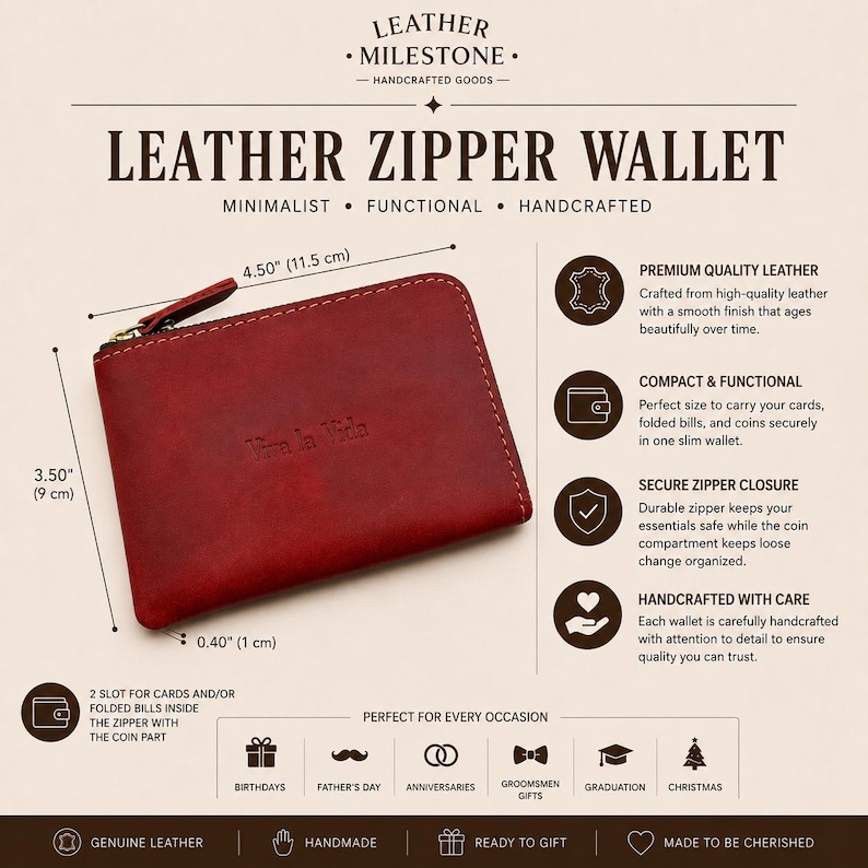 Puede incluir: Cartera con cremallera de cuero rojo, 11,5 cm de ancho y 9 cm de alto. Cuenta con un cierre de cremallera seguro y un dise&ntilde;o compacto. El texto "Leather Zipper Wallet" se muestra en la parte superior. Perfecto para tarjetas, billetes y monedas.