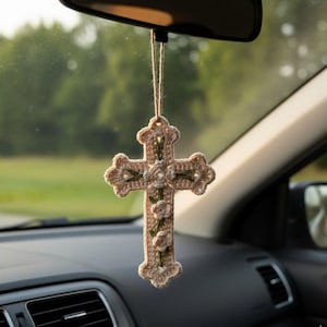 Boho Crochet Cross Car Charm with Flowers, Christian Rearview Mirror Ornament, Handmade Faith Gift for Drivers, Floral Religious Decor