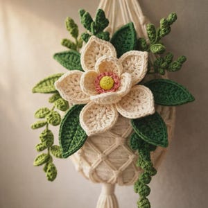 May include: A handcrafted crochet hanging planter, showcasing a large cream-coloured flower with a yellow and pink centre, encircled by green leaves and vines. The planter is suspended by a cream macrame hanger, creating a decorative floral display.