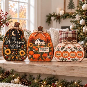 Personalized Fall Wood Block Sign, Custom Family Name Pumpkin Decor, Farmhouse Autumn Shelf Keepsake Gift
